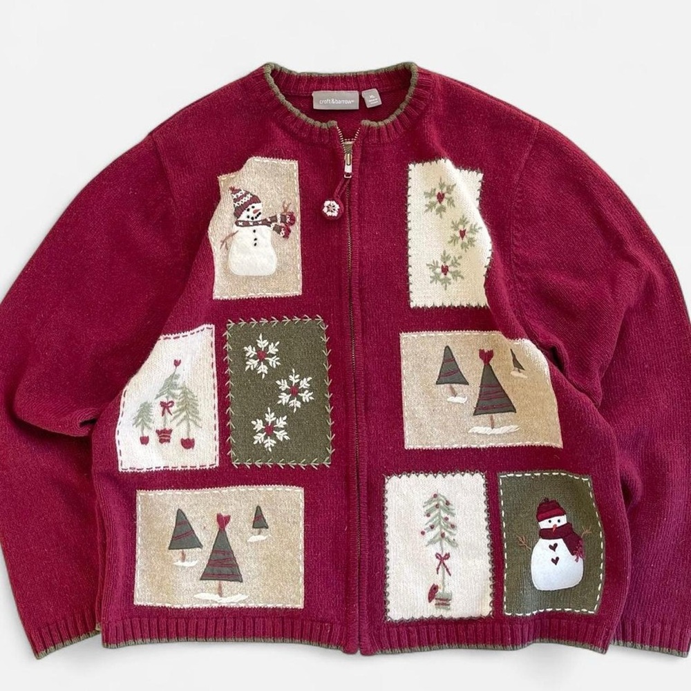 Croft & Barrow Burgundy Knit Embroidered Patchwork Snowman Winter Cardigan XL - Picture 1 of 8